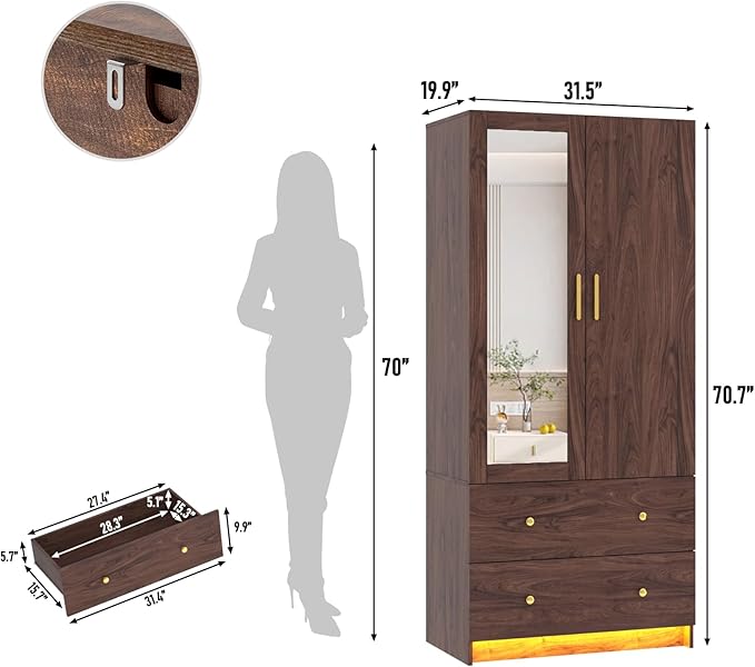 chartustriable 2 Doors Armoire Wardrobe Closet with Mirror, LED Closet with Doors and Drawers, Wooden Wardrobe Storage Cabinet with Hanging Rod, Small Armoire, Brown
