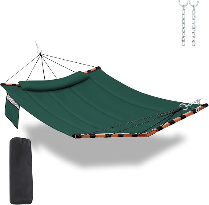 12FT 2 Person Hammock TegerDeger Large Hammock 450LB Capacity with V Shaped Hardwood Spreader Bar & Nylon Rope for Outside, Patio, Garden, Backyard, Beach, Poolside - Dark Green by Tegerdeger