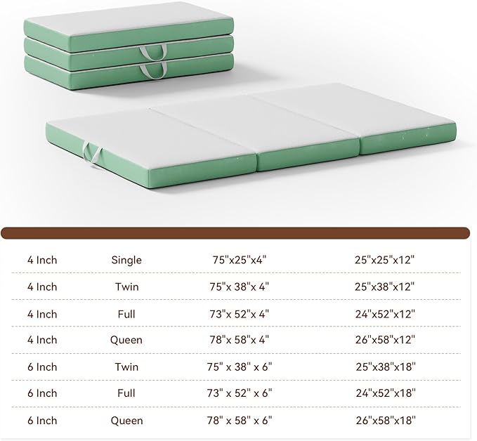 ROXGOX Memory Foam Trifold Mattress, Full Portable Floor Bed 4 Inch, Foldable Mat with Washable Cover, Handle & Non-Slip Bottom, for RV, Travel, Camping, Yoga, 73"x52"x4", White Green