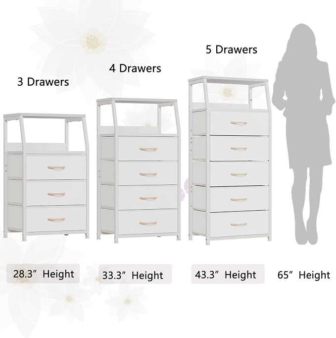 Furnulem White Dresser with 5 Drawers, Vertical Storage Tower Fabric Dresser for Bedroom, Hallway, Entryway, Nursery, Closet Organizer, Nightstand Bedside Table Furniture, Sturdy Steel Frame, Wood Top - Image 7