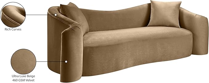 Meridian Furniture 44052Beige-S Destin Collection Modern | Contemporary Sofa with Ultra Luxe Beige 460 GSM Velvet, Rich Curves, 91" W x 34.5" D x 31" H, Beige
