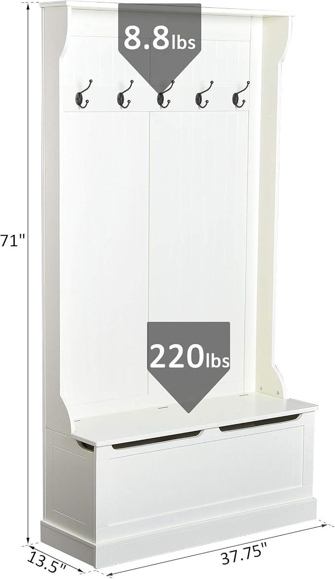 HOMCOM Hall Tree with Bench and Shoe Storage, 3-in-1 Entryway Bench with Coat Rack, 5 Hooks and Flip Top Storage Compartment, Cream White - Image 7