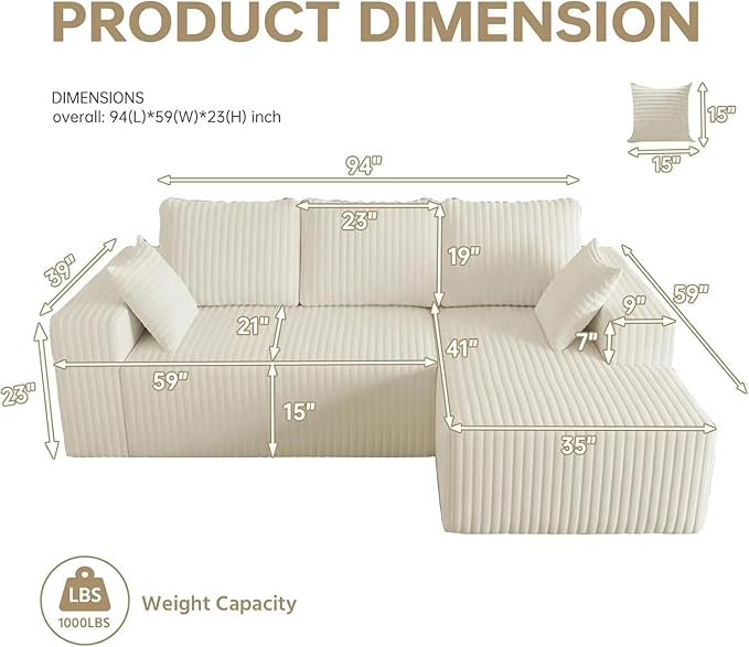 106" Boneless Couches for Living Room, Modular Sectional Sofa, L-Shape Sofa Couches,Cloud Couch Sectional, Comfy Corduroy Sofa, with Deep Seat, No Assembly Required (White, 94"+Right Facing Chaise)