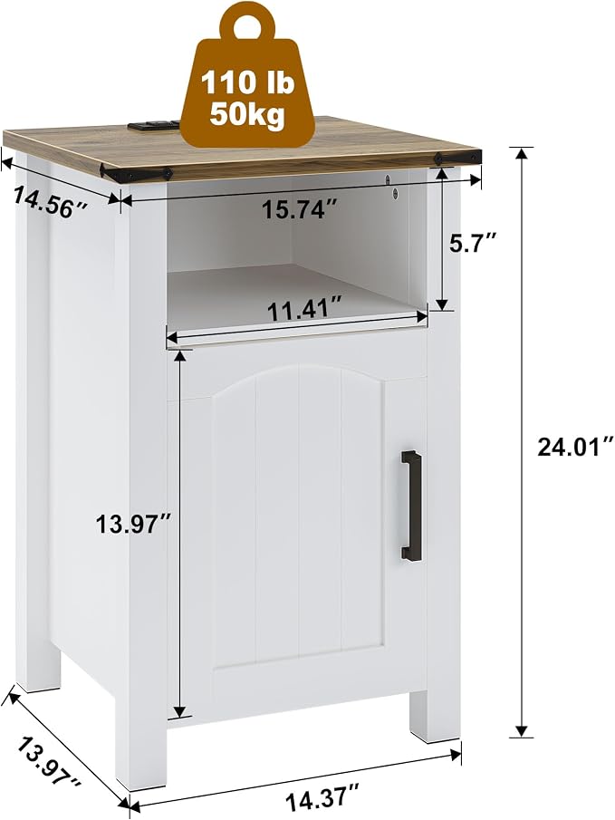 Farmhouse Nightstand with Charging Station, Set of 2 End Table with USB/Type-C Ports, Rustic Bedside Table with Large Storage and Open Shelf, Modern Side Table for Bedroom, Pure White + Walnut - Image 3