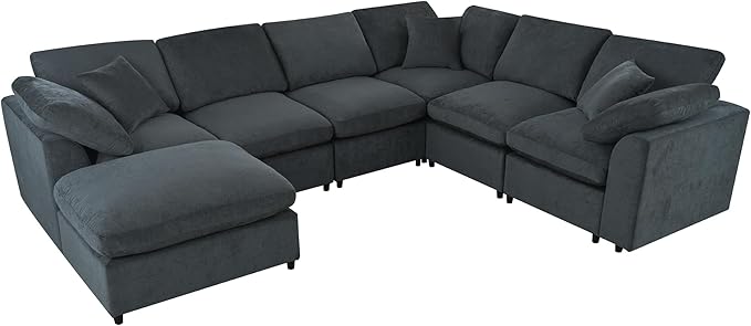 ERYE Oversized Modular Chenille Upholstered Sectional Sofa with Movable Ottoman, 7 Seaters Modular Convertible Couch Spacious Living Room Sofa for Home House Apartment