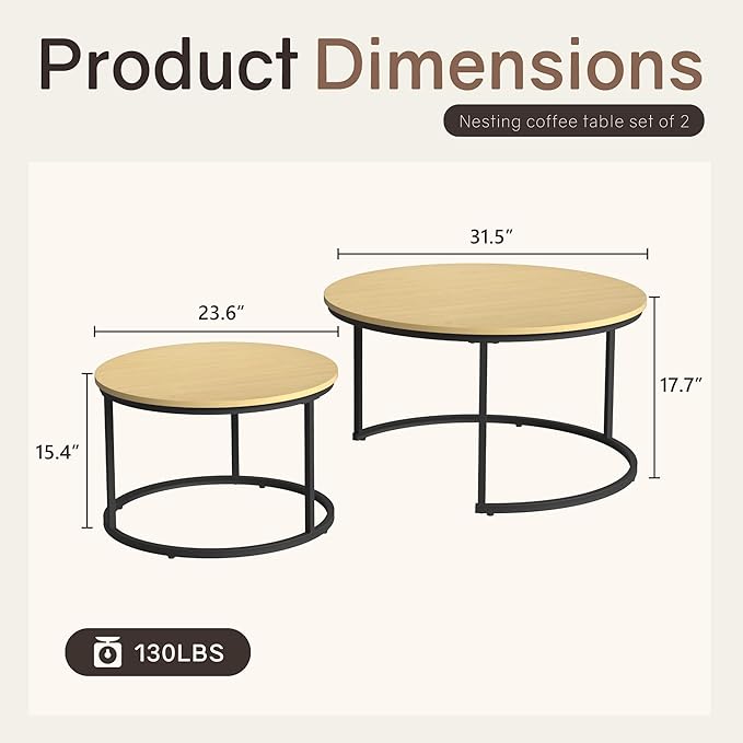 Nesting Tables Set of 2, 31.5" Round Coffee Table, Wood Grain Top Nesting Coffee Table with Adjustable Non-Slip Fee, Small Nesting Tables for Living Room, Bedroom (Wood Grain Light Brown)