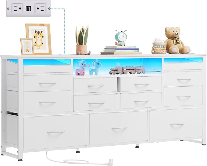 WLIVE White Dresser TV Stand for 55, 60, 65 inch TV, Entertainment Center with LED Lights & Charging Station, TV Media Console Table with 13 Fabric Drawers and Open Shelves for Living Room, Wood Top - Image 9