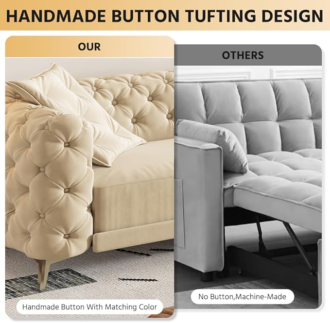 Ball & Cast 3-in-1 Convertible Sleeper Sofa with Movable Ottoman,97.7" Velvet Pull Out Sofa Bed, Modern Button Tufted 4-Seater Sofa Couch with Deep Seat for Living Room, Apartment,Office,Apricot
