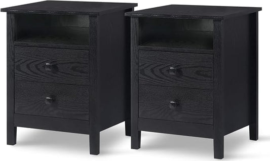 LTMEUTY Set of 2 Nightstands for Bedroom - Wood Nightstand Set with Drawers, Bedside Table, Tall Night Stand with 2-Drawer & Open Cabinet, Black Wood Grain by LTMEUTYBedroomFurniture