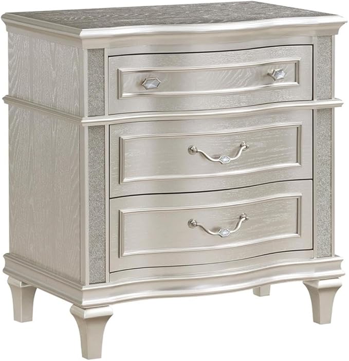 MAKLAINE 5-Piece Glam Wood Queen Bedroom Set, Silver Oak Finish, Ivory Upholstered Bed, Nightstand with USB Ports, Dresser with Jewelry Tray, Beveled Mirror, Chest; Elegant Storage Furniture for