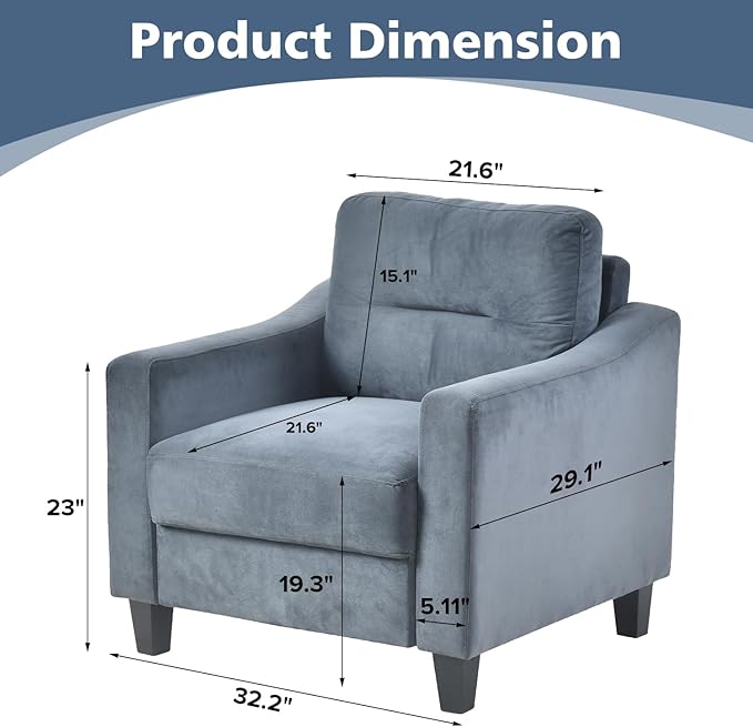 Upholstered Single Sofa Chair,Mordern Armchair with Wooden Legs for Living Room,Bedroom and Office,Blue Grey