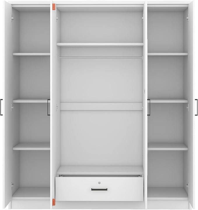 Merax 4 Doors Closet Wardrobe with Mirror Door and Hanging Rail, Wood Closet Organizers and Storage with One Drawer and Two 4-Tier Storage Shelves, Top Cabinet for Bedroom, Laundry Room, White