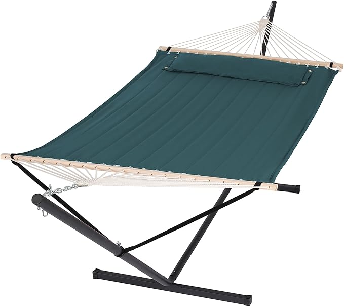 SUNCREAT Hammocks Extra Large Double Hammock with 12 ft Stand for Outside, 475lbs Capacity, Outdoor Portable Hammock with Hardwood Spreader Bar, Extra Large Pillow, Dark Green by SUNCREAT