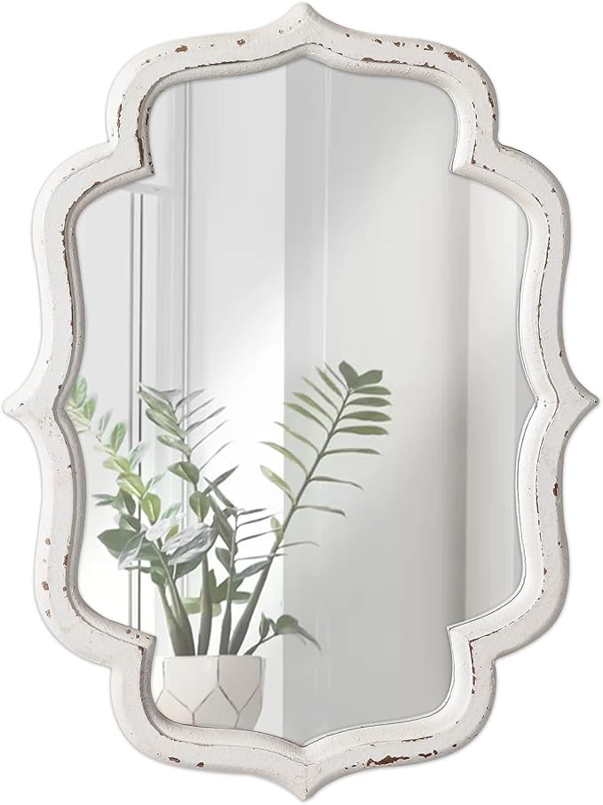 Vintage Small Scalloped Wall Mirror Decorative 16" x 12", Hanging Rustic Distressed White Bathroom Mirrors for Vanity, Farmhouse Wood Quatrefoil Wall Mounted Mirror for Living Room by Sintosin