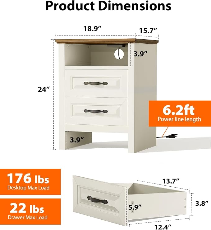 Pipishell Night Stand Set 2 with Charging Station, Farmhouse Bedside Table with 2 Drawers and Open Storage, Rustic End Table with AC Outlets & Type-C Ports for Bedroom, White & Brown, 2 Pack - Image 2