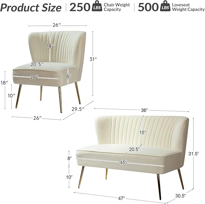 HULALA Home 3 Piece Velvet Living Room Furniture Set, Modern Comfy Upholstered Chair Set with Golden Legs, Include Loveseat & 2 Accent Chairs for Bedroom, Ivory Tufted 2-Seater Sofa & Armless Chairs