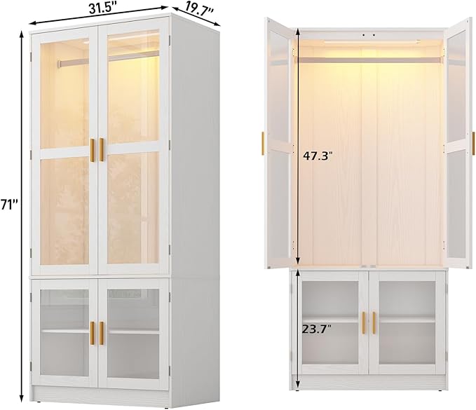 chartustriable 2 Doors Armoire Wardrobe Closet with LED,71" H Freestanding Wooden Wardrobe Closet Cabinet for Bedroom,Wooden Clothing Storage Cabinet with Hanging Rod,Closets for Bedroom(White)