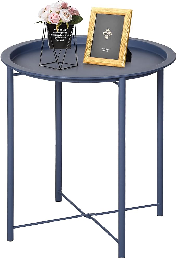 VECELO Side/End Table, Folding Round Metal Anti-Rust and Waterproof Outdoor or Indoor Tray for Living Room Bedroom Balcony and Office, 1 PCS, Blue by VECELO