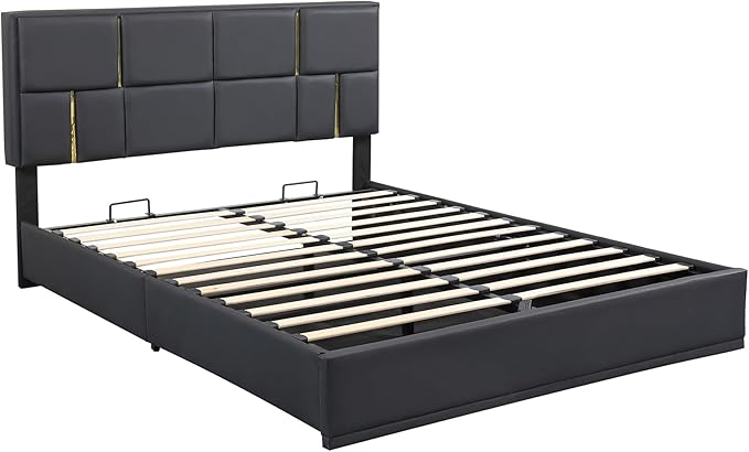 Queen Size Lift Up Storage Bed, PU Leather Upholstered Platform Bed with Hydraulic Storage System and Wooden Slats Support, No Box Spring Needed - Black