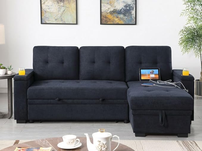 ERYE 84-Inch Multifunctional L-Shaped Sleeper Sectional Sofa with Reversible Storage Chaise, Tufted Corner Pull Out Sleeper Couch Bed W/Cupholders,USB-C Ports and Storage Armrests