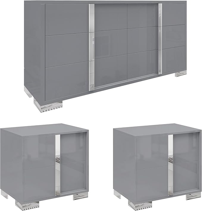 AMERLIFE 3 Piece Bedroom Set, Two 23.6" Nightstands & 6-Drawer Dresser, Silent Glide Drawers & Metal Handles, Modern High Gloss UV Finish, Dresser Set for Bedroom, Grey