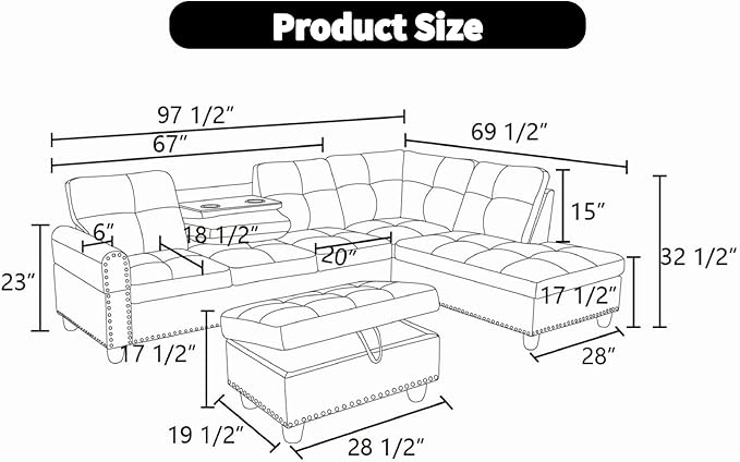 Sectional Couches for Living Room, Convertible 4 Seat Modular Sectional Sofa Set for Living Room, L Shaped Couch or U Shaped Couch with Storage Ottoman for Apartment, Leather Black