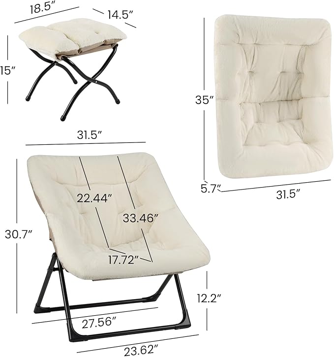 Comfy Saucer Chair for Adults, Soft Faux Fur Bedroom Chair with Ottoman, Accent Dorm Chairs, Living Room Reading Chairs and Footstool, Folding Seat for Teens, X-Large, Beige
