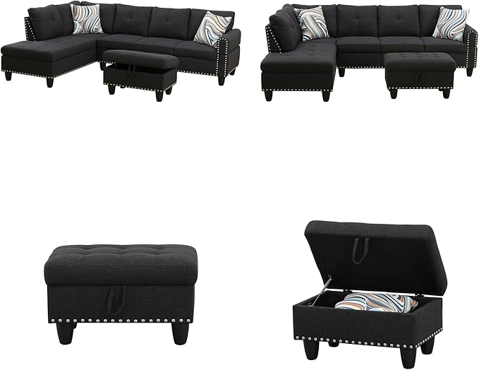 Sectional Couches for Living Room Furniture, 4 Seat L Shaped Couches with Ottoman, Modular Sectional Sofa for Apartment Furniture Sets, Grey