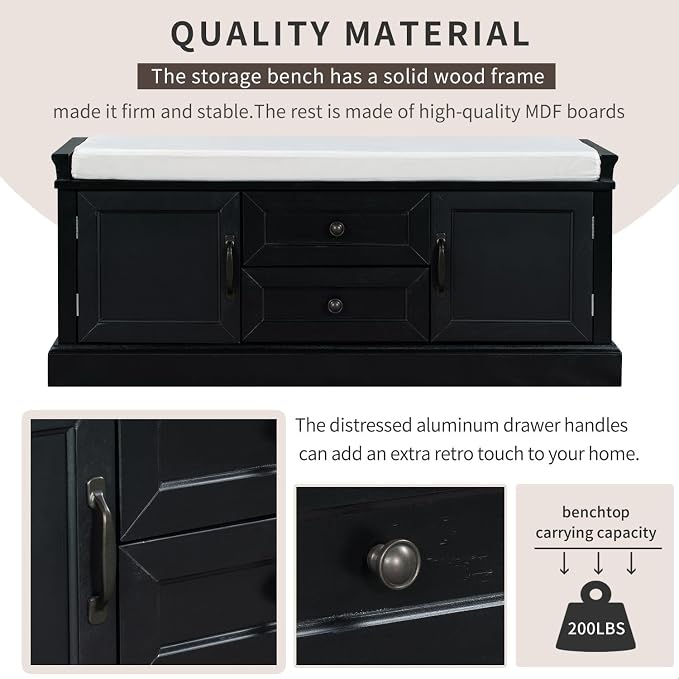 GDFStudio Rustic Storage Bench with 4 Doors 2 Draws Adjustable Shelves Removable Cushion Rectangular Cabinet Foot Rest Stool Solid Wood Shoe Bench Seating for Entryway Living Room, Black - Image 5