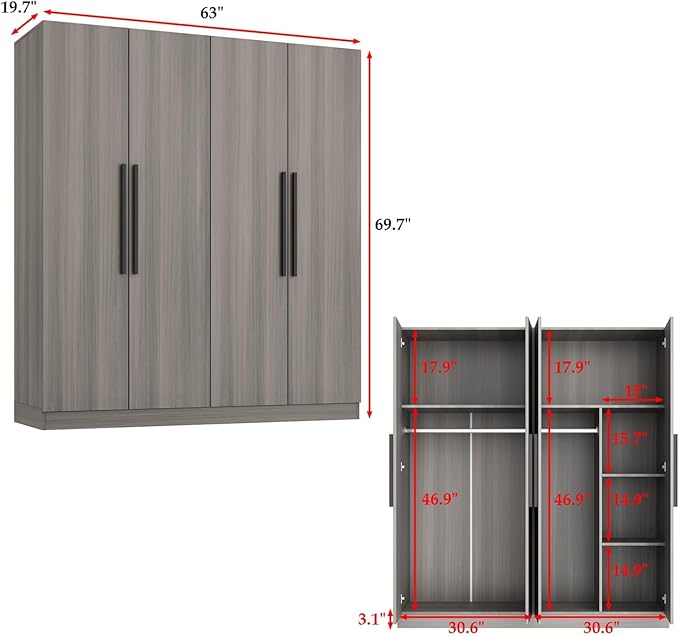 MOUMON 4 Door Wardrobe with Shelves, Armoire Wardrobe Closet with Hanging Rod, Armoire Closet with Wooden Handles, Grey 18.9" D x 63”W x 70.9”H