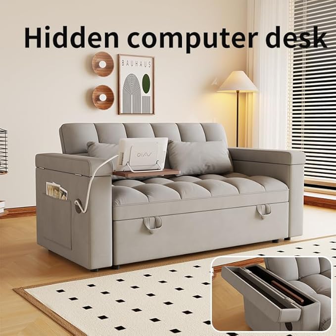 Convertible Sofa Bed, 5-in-1 Pull Out Couch with Side Table, Loveseat Sleeper Sofas Bed Couch with USB Port, 65‘’ Velvet Pull Out Sofa Beds for Living Room, Bedroom, Apartment