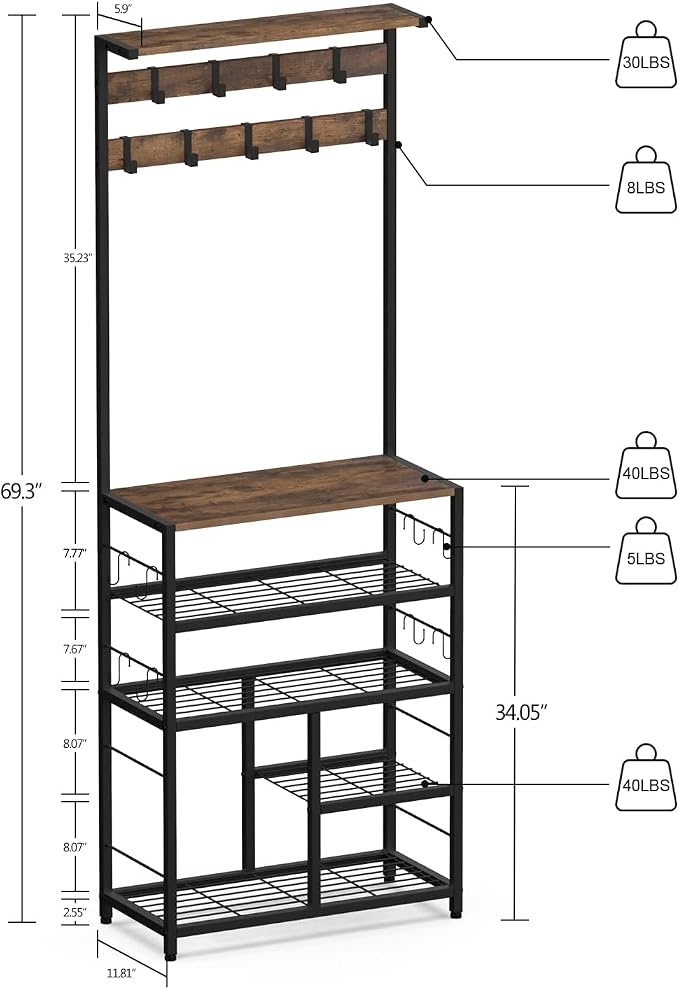 GiftGo Vintage Large 5-Tier Hall Tree with Console Table Entryway Coat Rack Floor Standing Shoes Rack Storage Shelf Organizer for Home Office Bedroom (Rustic Brown) - Image 2