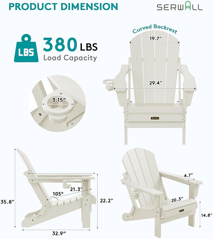 SERWALL Folding Adirondack Chair with Cup Holder, HIPS Adirondack Chairs Outdoor Chairs Weather Resistant Fire Pit Chairs- White - Image 3