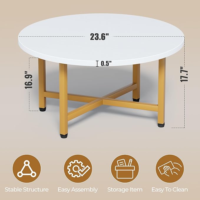 Coffee Table, 23.6" Small Coffee Tables, Gray Round Coffee Tables for Living Room, Floor Table for Sitting on The Floor, Center Coffee Table with Metal Frame for Office Apartment Home, Gold