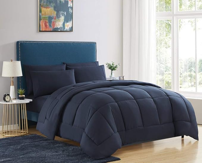 Down Alternative Comforter All Season Warmth Luxurious Plush Loft Microfiber Fill Duvet Insert Bedding, Twin Size, Navy (Pack of 8)