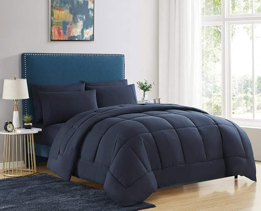 Down Alternative Comforter All Season Warmth Luxurious Plush Loft Microfiber Fill Duvet Insert Bedding, Twin Size, Navy (Pack of 8)