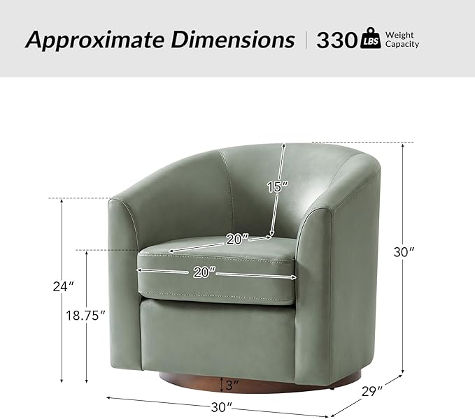 HULALA HOME Genuine Leather Swivel Accent Chairs Set of 2 with Solid Wood Base, Round Swivel Barrel Chairs for Living Room and Bedroom, Sage