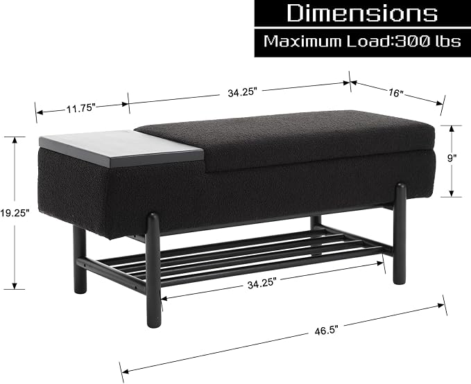 Shunzhi Modern Entryway Storage Bench, Upholstered Shoe Ottoman Bench, Sherpa Flip-Top End of Bed Bench with Wood Shelf/Coffee Table for Living Room/Bedroom/Hallway/Under Window,46.5 Inches,Black Fur - Image 2