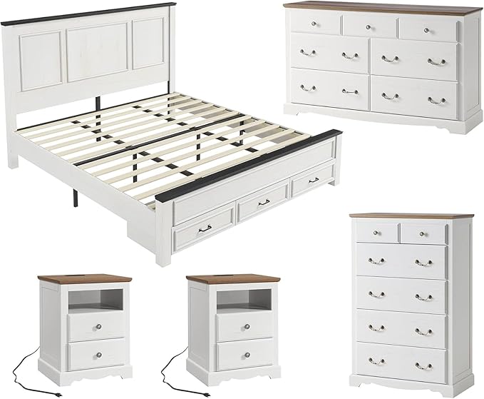 AMERLIFE 5 Pieces Farmhouse Bedroom Sets Includes King Size Farmhouse Bed Frame with 52.2" Headboard, 7 Drawers Dresser, 6 Drawer Tall Dresser, Two Nightstands with Charging Station, White