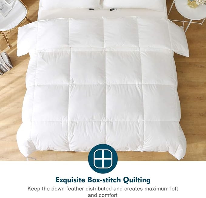 Feathers Down Comforter California King - 100% Organic Cotton Quilted Medium Warm All Seasons Duvet Insert or Stand-Alone Comforter (104x96, Ivory White)