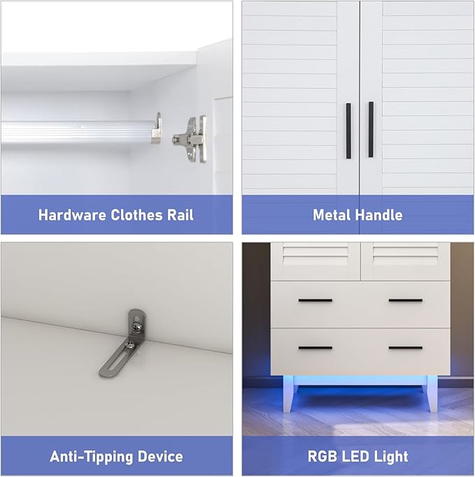 Hlivelood 2 Door Armoire Wardrobe Closet Cabinet with Mirror, Drawers and LED Lights, Multi-Tier Shelves, Hanging Rod & 2 Louver Doors, Large Capacity Storage Wardrobe Armoire for Bedroom, White