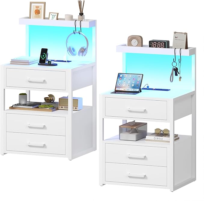 AOGLLATI Nightstand Set of 2 with Charging Station and LED Lights, Bedside Table with 3 Drawers and Open Storage Shelves, 2 USB Ports and 2 AC Outlets, LED Night Stand for Bedroom, 2 Pack, White by AOGLLATI