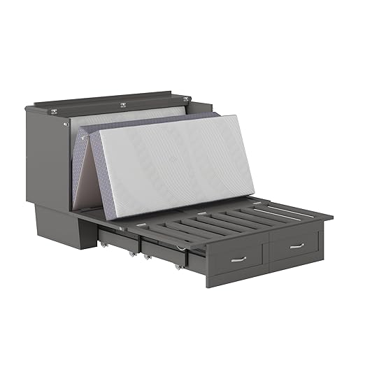 AFI, Chelsea Mid-Century Modern Full Wood Murphy Bed Chest with 6" Mattress, Storage Drawer & Built-in USB Charger, Grey