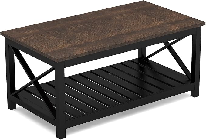 ChooChoo Coffee Table, Rustic Vintage Farmhouse Living Room Table with Shelf, 40 Black