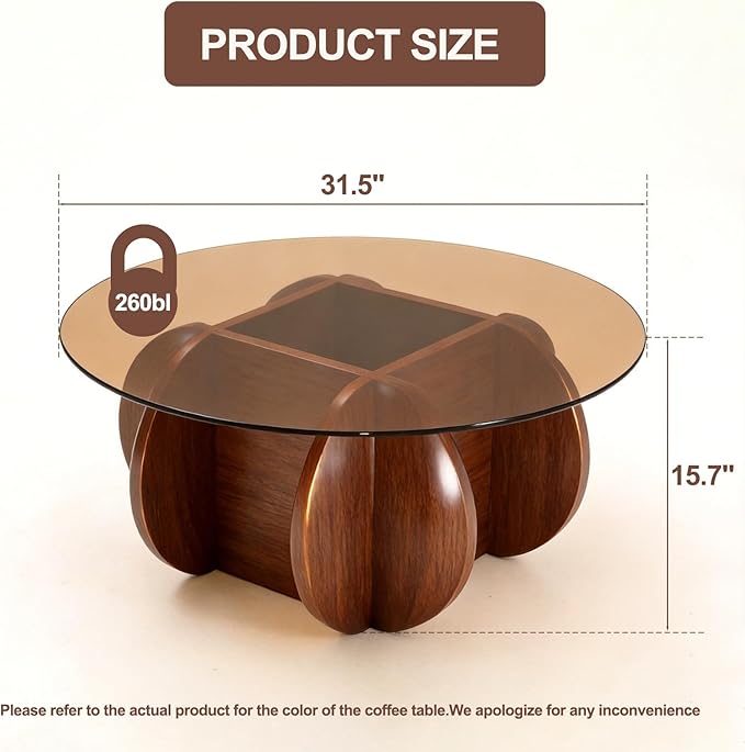 Modern Round Coffee Table with Solid Wood Legs,31.5'' Glass Coffee Tables for Living Room Rustic Circle Center Cocktail Table with Tempered Glass-Top,for Small Spaces, Unique | Modern, Living Room, Rustic, Center, Unique, Small Spaces
