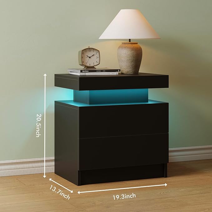 Black LED Nightstand Modern Night Stand for Bedroom Bedside Table with 2 Wood Drawers End Side Table - Image 2