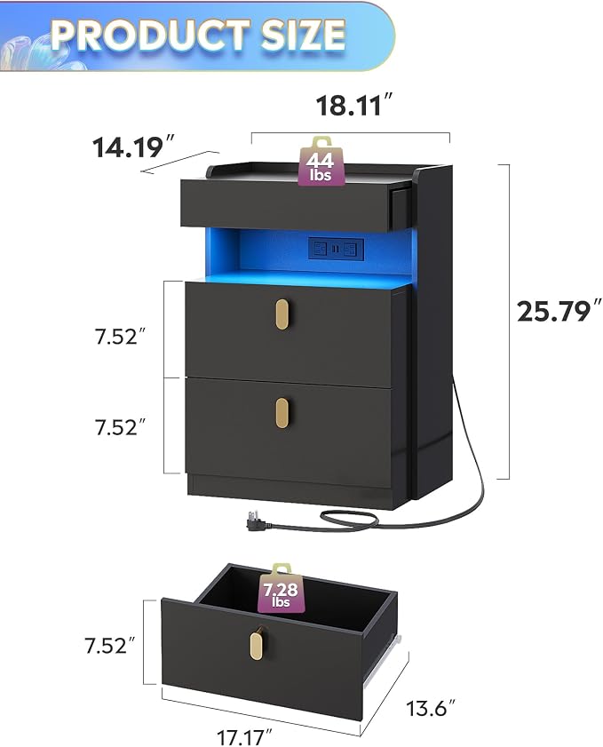 WLIVE Black LED Nighstand Set of 2 with Charging Station, Night Stands Sets with Sliding Top, Bedside Tables with Drawers, End Table for Bedroom, Living Room, Black - Image 2