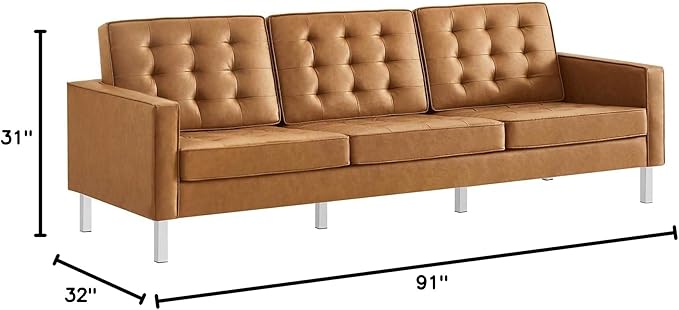 Modway Loft Tufted Button Faux Leather Upholstered Sofa in Silver Tan