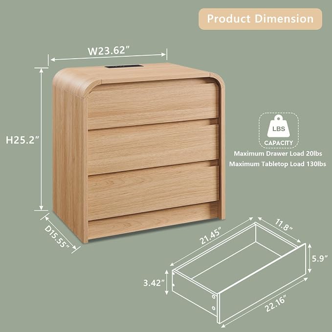 Aitjunz 25" Tall Modern Nightstand with Charging Station, 23.6'' Wide Wood Bedside Table w/3 Storage Drawers, Small Dresser w/Curved Profile Design, End Table for Bedroom, Natural Oak - Image 2