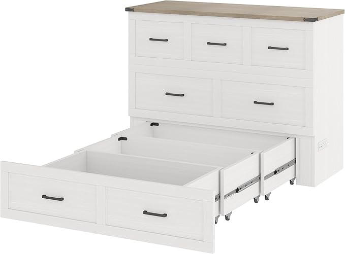 Bellemave Full Size Murphy Bed, Cabinet Bed with Charging Station and 1 Large Storage Drawer, Farmhouse Murphy Cabinet with Foldable Panel, Noisy Free, for Guest Bedroom, Living Room, White